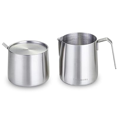 ステンレス製 クリーマーと砂糖入れセット スプーン付き 積み重ね可能「ブラシ シルバー」