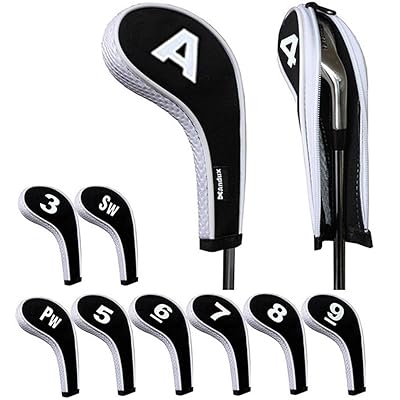 番手プリント ゴルフ アイアンカバー ファスナー付き ロングネック 10個/セット (ホワイト/ブラック)