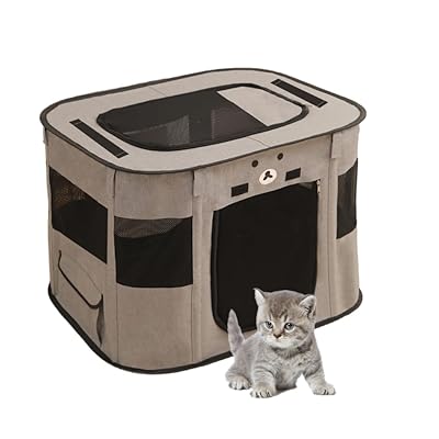 長方形 折りたたみ式 ペットサークル 収納バッグ付き 猫 犬用 ケージ 組み立て簡単 屋根付き メッシュサークル コンパクト 出産用 防災 軽量 室内室外兼用(S(70*55*45cm), ライトグレー)