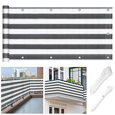 目隠しシェード ベランダ バルコニーサンシェードオーニング 220g/高密度ポリエチレン 強度UP UVカット 風通しも良い目隠しシート 家 窓 ベランダ 快適空間 プライバシー保護 欧米風 オシャレ グレーホワイトストライプ 300x80cm