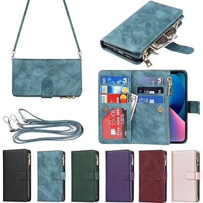 アイフォン14 ケース for iPhone 14 縄掛けケース for iPhone14 手帳型 財布型 ICカード コインポケット ストラップ付き カード 収納 小銭入れ ファスナーポケット付き PUレザー 6色ブルー