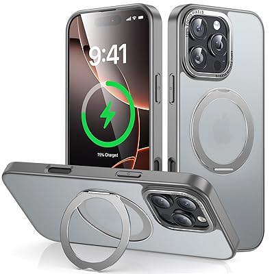 iPhone 16 Pro 用 ケース Magsafe対応 ワイヤレス充電 360°回転スタンド 縦横両対応 スマホケース iphone16 Pro 用 米軍規格 耐衝撃 半透明 マット感 マグセーフ 防指紋 リング マグネット搭載 アイフォン16