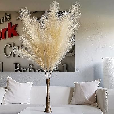 人工パンパスグラス、人工パンパスグラスデコレーション3ステム(39インチ/100cm)、背が高くふわふわの人工パンパスグラス、リビングルーム用床花瓶詰め物、結婚...