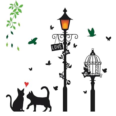 ウォールステッカー 猫 黒猫 鉢植え 街灯 音楽 楽譜 風船 鳥かご 柵 英字 鳥 蝶 星 薔薇 北欧 モノクロ 黒 インテリア リビング 廊下 玄関 店舗 ショーウインドウ ガラスドア 剥がせる 壁紙 シール ウォールシール ブラック (猫と街灯)