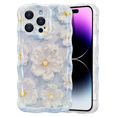ケース 対応 iPhone 16 Pro Max 用の 保護ケース柔軟なTPUカバー おしゃれ 可愛い 油絵の 花柄 薄型 軽量 カールボーダー携帯ケース 耐衝撃 スマホケース - ライトブルー