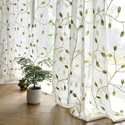 TIYANA 葉柄 レースカーテン 薄い 緑色の つた葉 2枚組 幅100cm×丈200cm 紗カーテン 部屋 客間 寝室，オーダーサイズ可