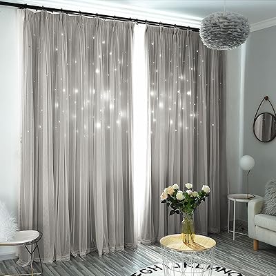 カーテン 姫系 遮光 レースカーテン付き 2枚組 丈230cm×幅100cm 一体型カーテン 二重 星柄 おしゃれ 厚手 フック付き タッセル付き 取付簡単 すぐ使える アジャスター付き 遮熱 保温 小窓/出窓用 掃き出し窓 腰窓 子供部屋 女の子