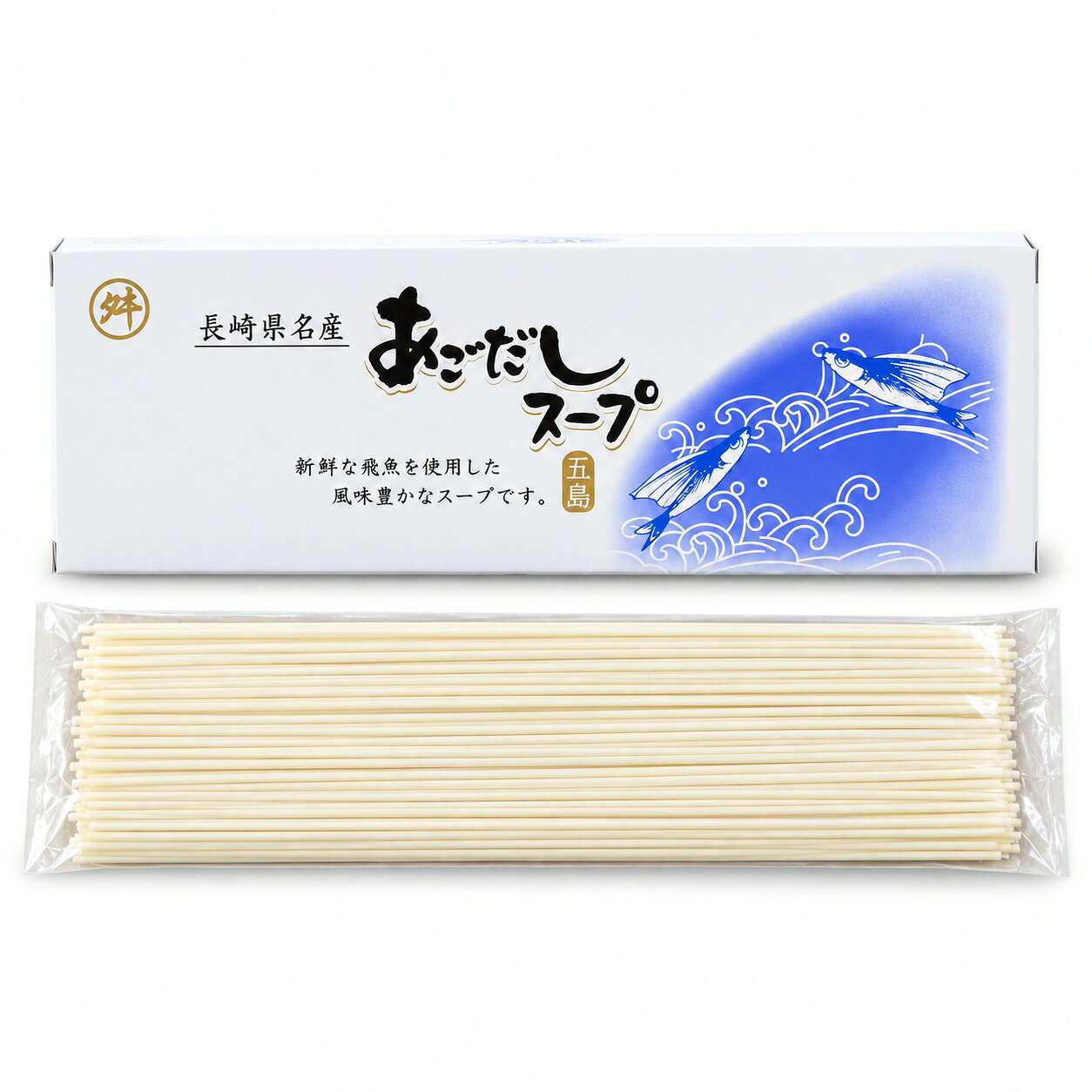 長崎で「あご」と呼ぶ飛魚を焼いて、だしにした粉末スープです。1袋10gで、うどん1人前分。10袋（1箱）または20袋（2箱）からお選びください。10袋には五島手延うどん1人前（80g）が1袋、20袋には2袋付きます。届いたその日に、あごだしで五島うどんが試せます。商品名あごだしスープ（粉末）五島手延うどん1人前付き内容量スープ 10g×10袋（1箱）＋うどん80g×1袋／スープ 10g×20袋（2箱）＋うどん80g×2袋スープのアレルゲン小麦・大豆うどんの原材料小麦粉（国内製造）、食塩、なたね油、大豆油、椿油うどんのアレルゲン小麦・大豆産地長崎県保存方法直射日光・高温多湿を避けて常温で保存ご注文の前に・湯量・濃さは袋の表示を目安にしてください・写真の具材・器は付属しません・パッケージのデザインは、製造元の都合で変わることがあります・賞味期限は、お届けする商品の表示をご確認くださいよくあるご質問Q. 1袋で何人前ですかA. 1袋10gで、うどん1人前のスープになります。Q. どう使いますかA. 器に粉末を入れて、熱湯を注いでよく混ぜます。湯量は袋の表示を目安に、お好みで調整してください。Q. うどん以外に使えますかA. お吸い物、茶碗蒸し、焼きめしの味付けに使えます。Q. 保存方法はA. 常温です。直射日光と湿気を避けてください。賞味期限は商品の表示をご確認ください。Q. 付属のうどんは何gですかA. 1人前80gの個包装です。240gの袋と同じ麺です。あごだしスープ／あごだし／焼きあご／飛魚／粉末スープ／うどんスープ／無添加／長崎／五島／茶碗蒸し／お吸い物／五島うどん／マルマスAGODASHI SOUP焼きあごの風味を、手軽に。長崎で「あご」と呼ぶ飛魚を焼いて、だしにした粉末スープです。1袋10gで、うどん1人前分。10袋（1箱）または20袋（2箱）からお選びください。10袋には五島手延うどん1人前（80g）が1袋、20袋には2袋付きます。届いたその日に、あごだしで五島うどんが試せます。01五島のあごだし飛魚は脂が少なく、焼いてだしにすると、香ばしさと澄んだ旨みが出ます。長崎・五島では、うどんのつゆといえばこのあごだしです。粉末なので、鍋でだしを取る手間がありません。1食ずつ小袋に入っています。02お湯に溶かして、できあがり器に粉末スープ1袋（10g）を入れ、熱湯を注いでよく混ぜます。湯量は袋の表示を目安に、お好みの濃さに調整してください。ゆでたうどんを入れれば、かけうどんです。地獄炊きなら、小さめの器に濃いめに作って、つけつゆにします。03うどん以外にも・お吸い物……三つ葉やかまぼこを浮かべるだけ・茶碗蒸し……卵液のだしとして・焼きめし・チャーハン……仕上げの味付けに・鍋のだし、雑炊、うどん以外の麺にも04箱と小袋1箱に10g×10袋が入っています。20袋は2箱でのお届けです。アレルギー表示は小麦・大豆です。常温で保存してください。賞味期限は箱の表示をご確認ください。051人前80gの個包装うどん1人前ずつ透明な袋に入った、五島手延うどん80gです。麺は240gの袋と同じものです。たっぷりのお湯で7～10分ゆでてください。必要な分だけゆでられるので、ひとりの食事や、お試しにちょうどいい量です。ゆでた麺を、このスープで作ったつゆにつければ、五島の「地獄炊き」です。06袋数を選べます・10袋……あごだしスープ10g×10袋（1箱）＋うどん1人前（80g）×1袋・20袋……あごだしスープ10g×20袋（2箱）＋うどん1人前（80g）×2袋07ご注文の前に・湯量・濃さは袋の表示を目安にしてください・写真の具材・器は付属しません・パッケージのデザインは、製造元の都合で変わることがあります・賞味期限は、お届けする商品の表示をご確認ください08商品仕様商品名あごだしスープ（粉末）五島手延うどん1人前付き内容量スープ 10g×10袋（1箱）＋うどん80g×1袋／スープ 10g×20袋（2箱）＋うどん80g×2袋スープのアレルゲン小麦・大豆うどんの原材料小麦粉（国内製造）、食塩、なたね油、大豆油、椿油うどんのアレルゲン小麦・大豆産地長崎県保存方法直射日光・高温多湿を避けて常温で保存09よくあるご質問Q. 1袋で何人前ですかA. 1袋10gで、うどん1人前のスープになります。Q. どう使いますかA. 器に粉末を入れて、熱湯を注いでよく混ぜます。湯量は袋の表示を目安に、お好みで調整してください。Q. うどん以外に使えますかA. お吸い物、茶碗蒸し、焼きめしの味付けに使えます。Q. 保存方法はA. 常温です。直射日光と湿気を避けてください。賞味期限は商品の表示をご確認ください。Q. 付属のうどんは何gですかA. 1人前80gの個包装です。240gの袋と同じ麺です。あごだしスープ／あごだし／焼きあご／飛魚／粉末スープ／うどんスープ／無添加／長崎／五島／茶碗蒸し／お吸い物／五島うどん／マルマス