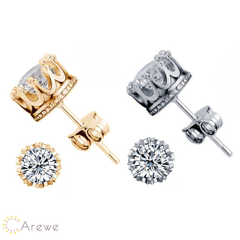(Arewe)クラウン スモールスタッド ピアス カラーイヤースタッド ユニセックス お揃い ペア カップル シルバー ゴールド (即納・送料無料) (AA)