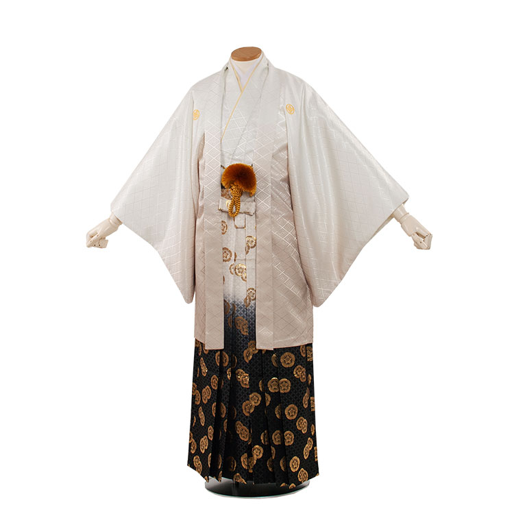 【レンタル】紋付12点フルセット 往復送料無料 新品足袋プレゼント 卒業式 結婚式 成人式 イベント レンタル袴 レンタル衣装 袴セット 羽織袴 紋付袴 袴レンタル 紋付羽織袴 男 袴 男性 セット メンズ 貸衣装 紋付き袴 金華亀甲袴 白・ベージュグラデーション紋付3AF6C01