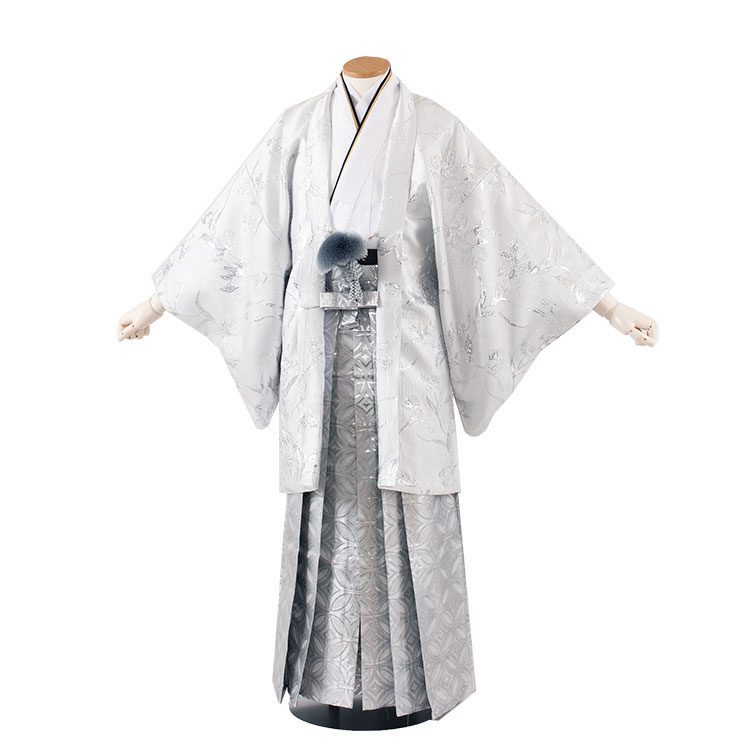 【レンタル】紋付12点フルセット 往復送料無料 新品足袋プレゼント 卒業式 結婚式 成人式 イベントレンタル袴 レンタル衣装 袴セット 羽織袴 紋付袴 袴レンタル 紋付羽織袴 男 袴 男性 メンズ 貸衣装 紋付き袴 紋付 羽織 着物5X34 白シルバー 洋花(4)