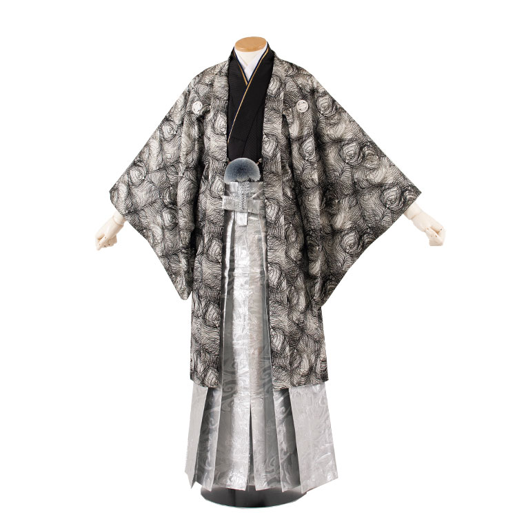 【レンタル】紋付12点フルセット 往復送料無料 新品足袋プレゼント 卒業式 結婚式 成人式 イベント レンタル袴 レンタル衣装 袴セット 羽織袴 紋付袴 袴レンタル 男 袴 男性 セット メンズ 貸衣装 紋付き袴 紋付 羽織 着物 黒地 孔雀柄 ロングファー付き 6X41