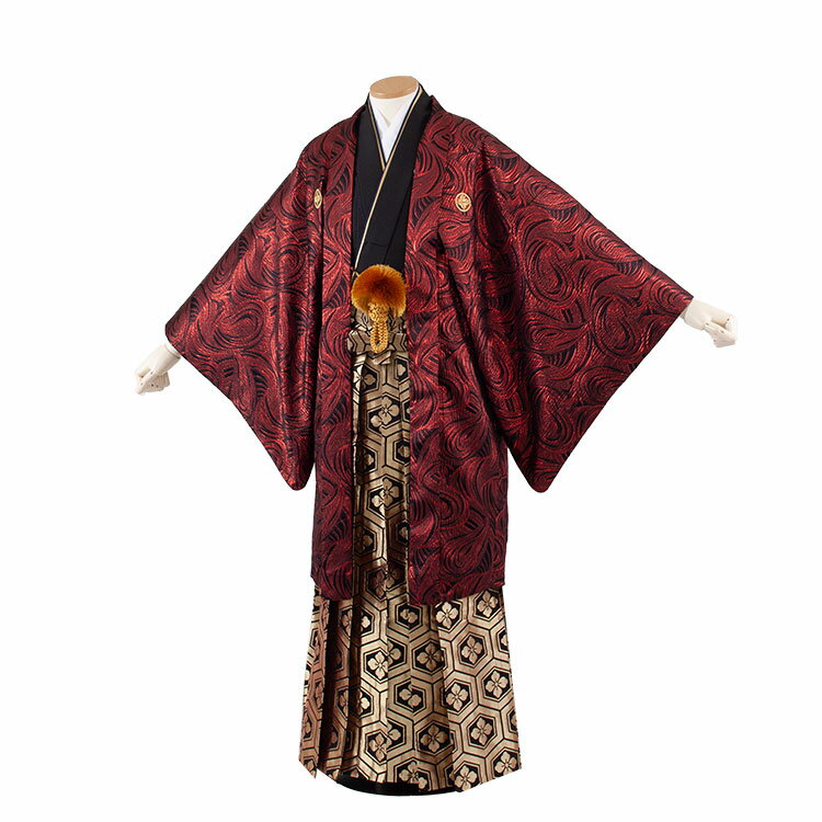 【レンタル】紋付12点フルセット 往復送料無料 新品足袋プレゼント 卒業式 結婚式 成人式 イベント レンタル袴 レンタル衣装 袴セット 羽織袴 紋付袴 袴レンタル 紋付羽織袴 男 袴 男性 セット メンズ 貸衣装 紋付き袴 紋付 羽織 着物 赤波 亀甲文様袴 ファー付き 7C17