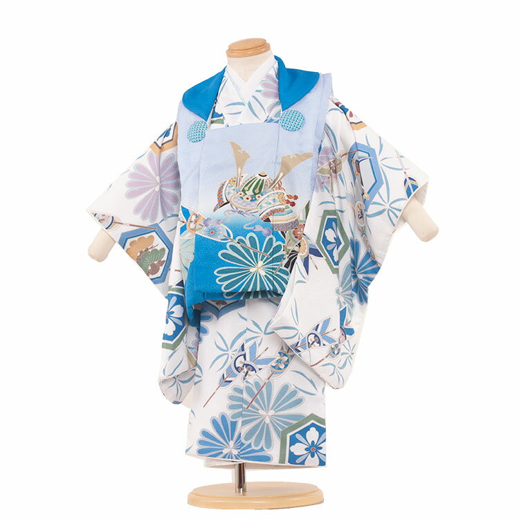 【レンタル】被布セット レンタル 2歳 七五三 着物 2歳 七五三 男の子 3歳　七五三 レンタル 男の子　着物レンタル　七五三　男の子 被布 男の子 子供 753レンタル　3歳男の子 フルセット 貸衣装 送料無料/ 2032 白地×水色のサムネイル