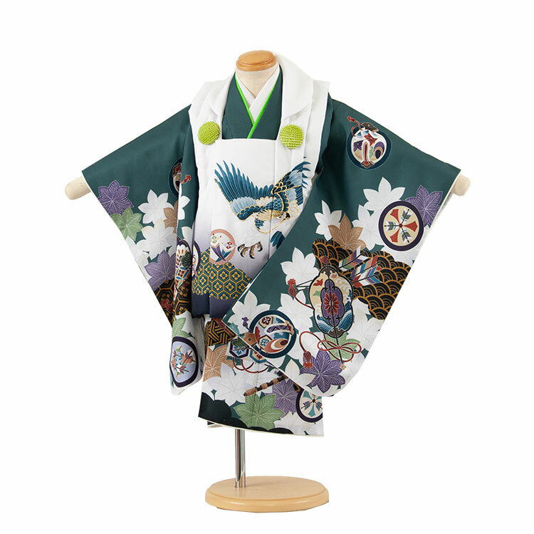 【レンタル】七五三 2歳 男の子 2151 白地×深緑 鷹 楓に丸紋 被布 着物レンタル 人気 おしゃれ アンティーク レトロ ナチュラル 可愛い 2歳男の子 ...