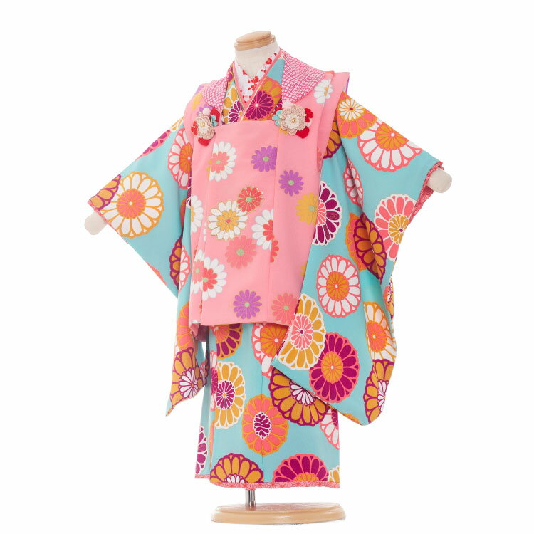 【レンタル】七五三 3歳 女の子 3023 水色×ピンク 被布 着物レンタル 人気 おしゃれ アンティーク レトロ ポップ 古典 可愛い 3歳女の子 753着物...