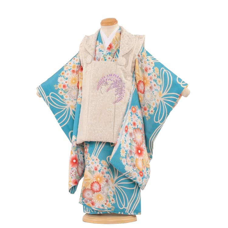 【レンタル】七五三 3歳 女の子 3475 藤の花刺?コート×水色花束 被布レンタル 人気 おしゃれ アンティーク レトロ 古典 可愛い 3歳女の子 被布フルセ...