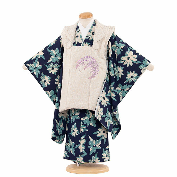 【レンタル】七五三 3歳 女の子 3486 紺 藤の花刺繍 被布レンタル 人気 おしゃれ アンティーク レトロ 古典 可愛い 3歳女の子 被布フルセット 3才 ...