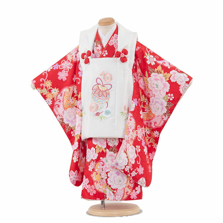 【レンタル】七五三 (3歳女児被布) 3544 白 赤 花 3歳 女の子 被布レンタル 人気 おしゃれ アンティーク レトロ 古典 可愛い 3歳女の子 被布フル...