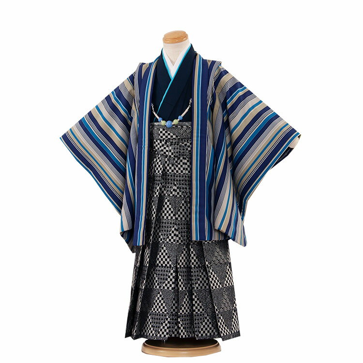 【レンタル】【かんたん着付け袴】七五三 着物 男の子 三歳 (男児3歳用)羽織袴 3歳 セット 七五三 袴 男の子 七五三 着物 男の子 フルセット レンタル 3歳男の子 着物 はかま 袴 男児 袴セット レンタル七五三 ★往復送料無料★3AO3155 ブルー ストライプ うろこ柄