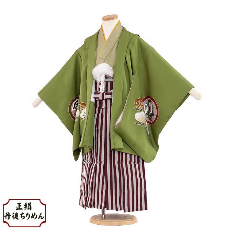 【レンタル】【当店オリジナル】【丹後ちりめん】【正絹】七五三 着物 5歳 男の子 袴 レンタル 袴セット 七五三レンタル 753 5歳男の子 753レンタル 着物レンタル 結婚式 発表会 卒園式 新品足袋プレゼント 往復送料無料 8032 緑