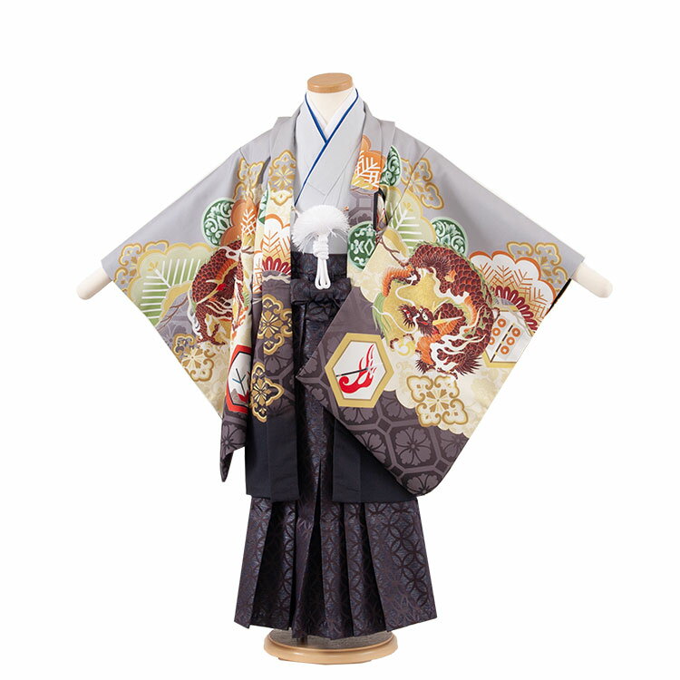 【レンタル】【かんたん着付け袴】七五三 5歳男袴 5788 グレー 龍と兜 袴レンタル 着物 人気 おしゃれ おすすめ 羽織袴 5才 袴 男児 フルセット 簡単着付け 袴セット アンティーク レトロ 古典 貸衣装 京都 新品足袋プレゼント 往復送料無料