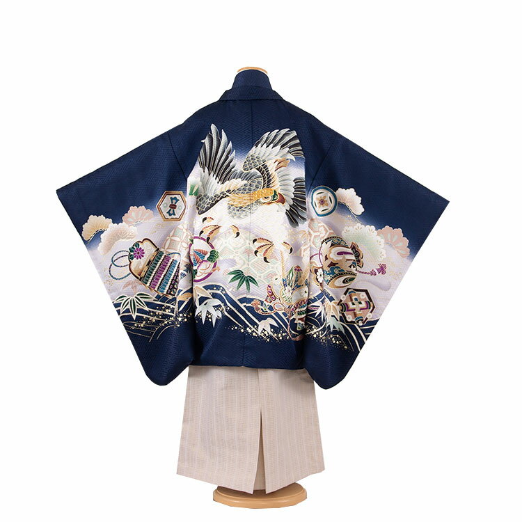 【レンタル】【かんたん着付け袴】 【正絹】 七五三 7歳男袴 9003 紺地 波に鷹 松 男の子 袴レンタル 着物 人気 おしゃれ おすすめ 羽織袴 7才 8歳 袴 男児 フルセット 簡単着付け 袴セット アンティーク レトロ モダン貸衣装 京都 新品足袋プレゼント 往復送料無料 2