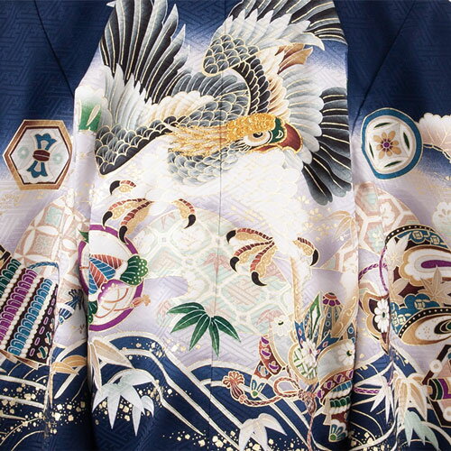 【レンタル】【かんたん着付け袴】 【正絹】 七五三 7歳男袴 9003 紺地 波に鷹 松 男の子 袴レンタル 着物 人気 おしゃれ おすすめ 羽織袴 7才 8歳 袴 男児 フルセット 簡単着付け 袴セット アンティーク レトロ モダン貸衣装 京都 新品足袋プレゼント 往復送料無料 3