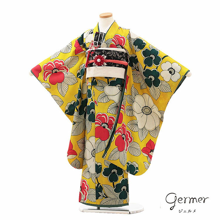 【レンタル】七五三レンタル（女児結び帯）7271 【germer】黄色大きな花 おしゃれ 可愛い 人気 結び帯 七五三レンタル 着物レンタル フルセット 帯 フルセットレンタル 6歳 7歳女の子 数え年 子供 高級 かわいい 京都 和装 新品足袋プレゼント 往復送料無料