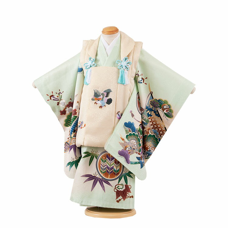 楽天着物レンタル　京都ちりめんや【レンタル】【正絹】 七五三 着物 3歳 男の子 被布 男児 3才 3歳男の子 男児 子供 きもの被布セット お正月 和装 お祝い 被布コート 新品足袋プレゼント 往復送料無料 高級 1059 パステルグリーン 鷹 松竹梅