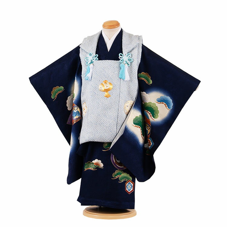 楽天着物レンタル　京都ちりめんや【レンタル】【正絹】 七五三 着物 3歳 男の子 被布 男児 3才 3歳男の子 男児 子供 きもの被布セット お正月 和装 お祝い 被布コート 新品足袋プレゼント 往復送料無料 高級 1062 紺地 絞り 松 小槌