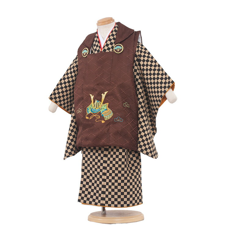 【レンタル】七五三 被布セット 男の子 / 3-31茶色 格子柄 / 小柄な3歳 着物 レンタル 七五三レンタル レンタル七五三 753 貸衣装 貸衣裳 3歳男...