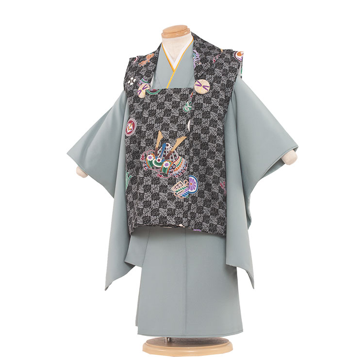 【レンタル】七五三 被布セット 男の子 / 3-37黒×グリーングレー 3370 / 小柄な3歳 着物 レンタル 七五三レンタル レンタル七五三 753 貸衣装...