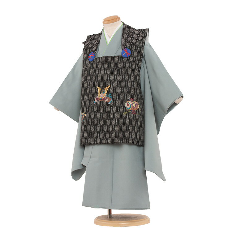 【レンタル】七五三 被布セット 男の子 / 3-53 グリーン 格子 被布 / 小柄な3歳 着物 レンタル 七五三レンタル レンタル七五三 753 貸衣装 貸衣...