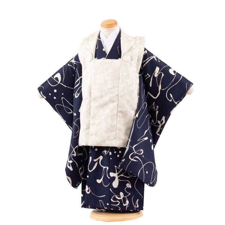 【レンタル】七五三 3歳 男の子 3A22 紺 被布 着物 レンタル アンティーク レトロ モダン おしゃれ レンタル 男児 3歳 子供 きもの 被布セット 和...