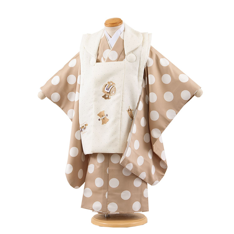 【レンタル】七五三 3歳 男の子 3A23 ベージュ 水玉 被布 着物 レンタル アンティーク レトロ モダン おしゃれ レンタル 男児 3歳 子供 きもの 被...