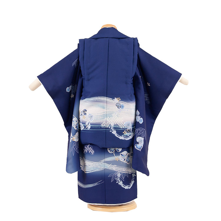 【レンタル】七五三3歳男児被布 3A40 ネイビーブルー 葵 着物レンタル アンティーク レトロ モダン おしゃれ レンタル 男児 3歳 子供きもの 被布セット 和装 お祝い 3才 男の子 被布コート かわいい 京都 貸衣装 新品足袋プレゼント 往復送料無料 2