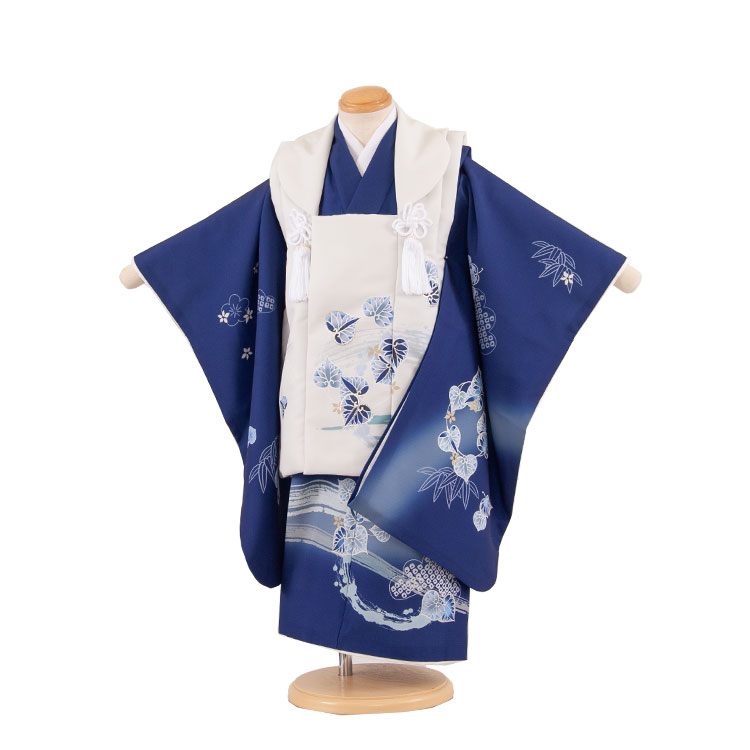【レンタル】七五三3歳男児被布 3A41 ネイビーブルー 葵 着物レンタル アンティーク レトロ モダン おしゃれ レンタル 男児 3歳 子供きもの 被布セット...