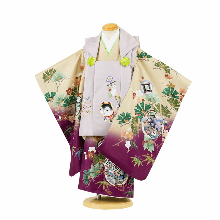 【レンタル】七五三3歳男児被布 3A46 薄紫×薄からし色ぼかし犬張り子松竹梅 着物レンタル アンティーク レトロ モダン おしゃれ レンタル 男児 3歳 子供...