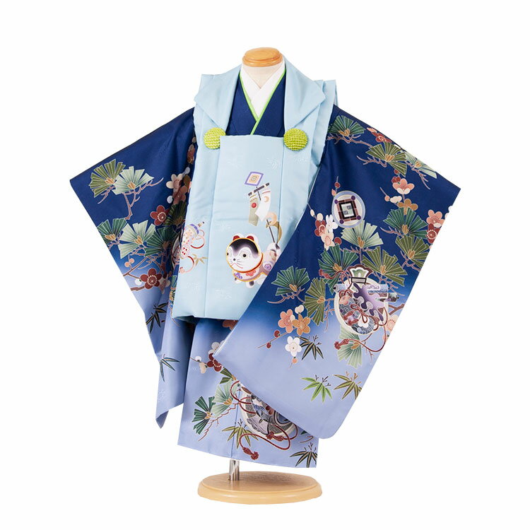 【レンタル】七五三3歳男児被布 3A47 水色×青地ぼかし 犬張り子 松竹梅 着物レンタル アンティーク レトロ モダン おしゃれ レンタル 男児 3歳 子供き...