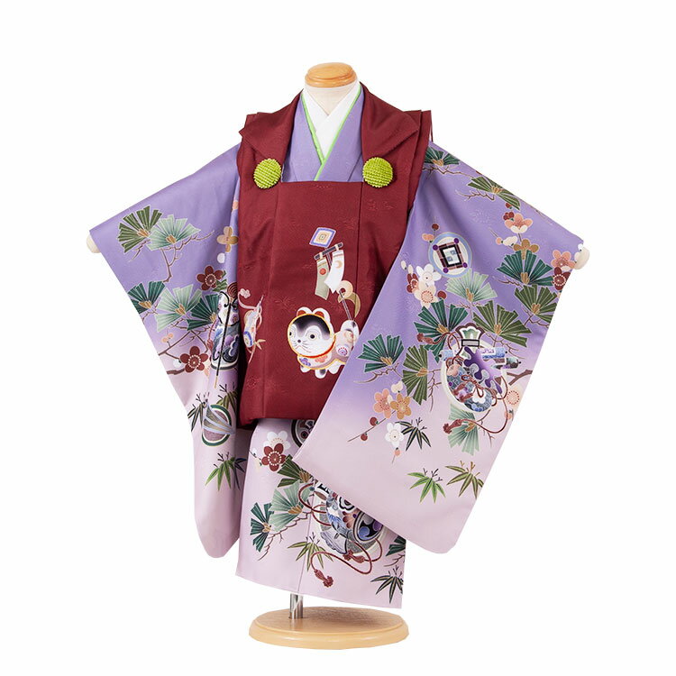 【レンタル】七五三3歳男児被布 3A48 えんじ×ラベンダーぼかし 犬張り子 松竹梅 着物レンタル アンティーク レトロ モダン おしゃれ レンタル 男児 3歳...