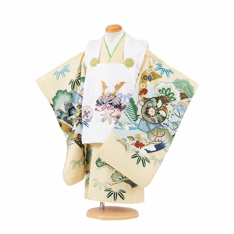 【レンタル】七五三3歳男児被布 3A50 白地×クリーム 兜 吉祥文様 着物レンタル アンティーク レトロ モダン おしゃれ レンタル 男児 3歳 子供きもの ...