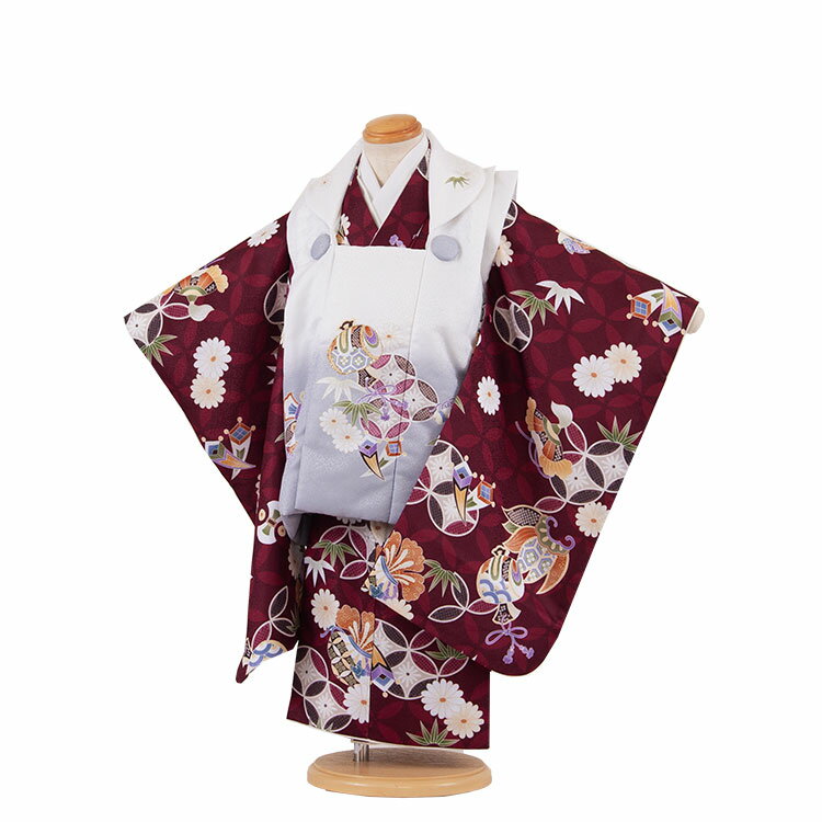 【レンタル】七五三3歳男児被布 3A55 ボルドー×アイボリー 七宝柄 菊 小槌 着物レンタル アンティーク レトロ モダン おしゃれ レンタル 男児 3歳 子...