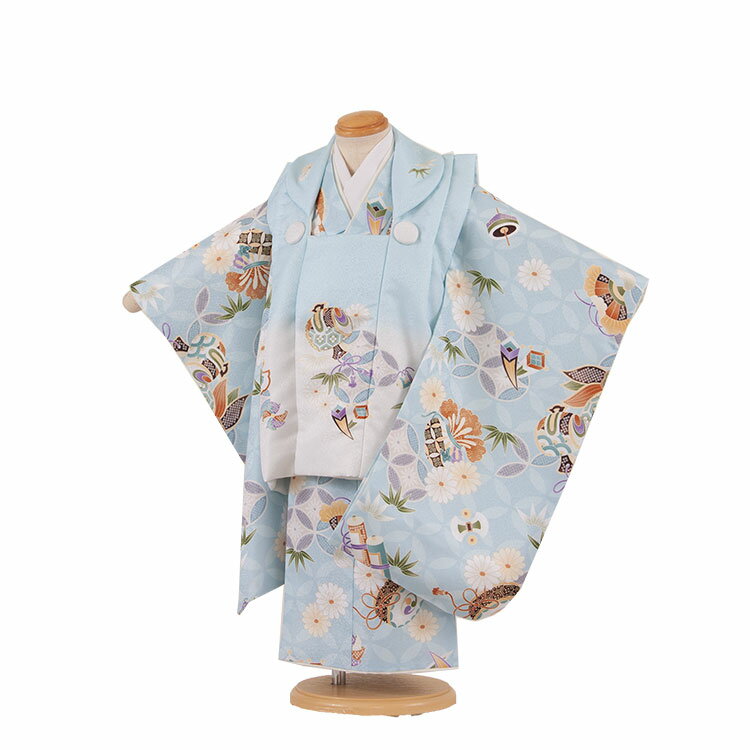 【レンタル】七五三3歳男児被布 3A56 パステルブルー 七宝柄 菊 小槌 着物レンタル アンティーク レトロ モダン おしゃれ レンタル 男児 3歳 子供きも...