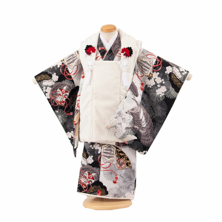 【レンタル】3A59 華徒然 オフホワイト×黒 古典柄 七五三3歳男児被布 着物レンタル アンティーク レトロ モダン おしゃれ レンタル 男児 3歳 子供きも...