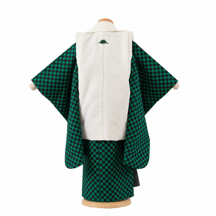 【レンタル】七五三 着物 3歳 男の子 身長90～100センチ レンタル おしゃれ アンティーク レトロ 和風モダン古典 3歳男の子 被布 753着物 被布フルセット 753 子供 きもの 七五三レンタル 貸衣装 貸衣裳 往復送料無料 /3AO4-90 お揃いコーデ 緑 黒 格子柄 2