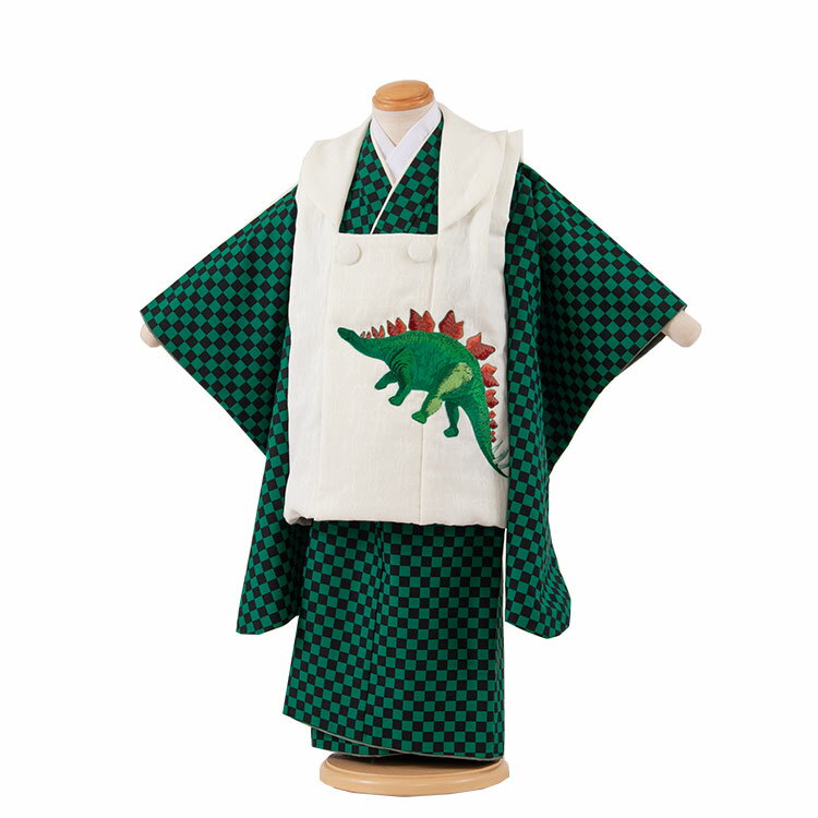 【レンタル】七五三 着物 3歳 男の子 身長90～100センチ レンタル おしゃれ アンティーク レトロ 和風モダン古典 3歳男の子 被布 753着物 被布フルセット 753 子供 きもの 七五三レンタル 貸衣装 貸衣裳 往復送料無料 /3AO4-90 お揃いコーデ 緑 黒 格子柄 3