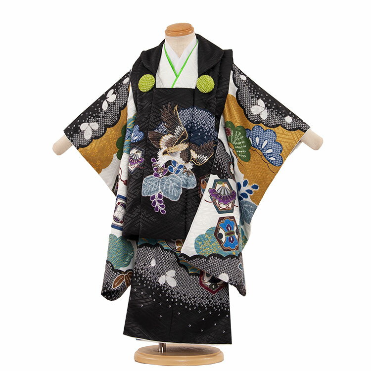 【レンタル】七五三 3歳 男の子 5-42 黒 絞り柄 被布 着物 レンタル アンティーク レトロ モダン 古典 レンタル 男児 七五三 3歳 子供 きもの 被...