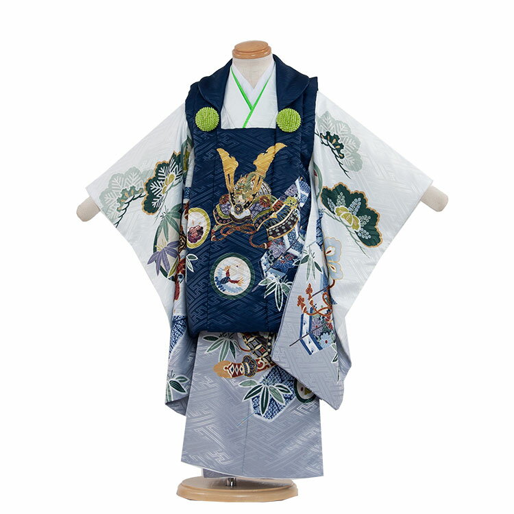 【レンタル】七五三 3歳 男の子 5-45 白地 被布 着物 レンタル アンティーク レトロ モダン 古典 レンタル 男児 七五三 3歳 子供 きもの 被布セッ...