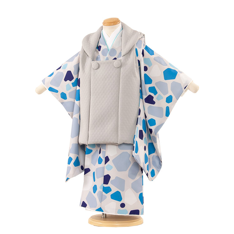 【レンタル】七五三 3歳 男の子 5-70 グレー青 被布 着物 レンタル アンティーク レトロ モダン おしゃれ 古典 レンタル 男児 七五三 3歳 子供 き...